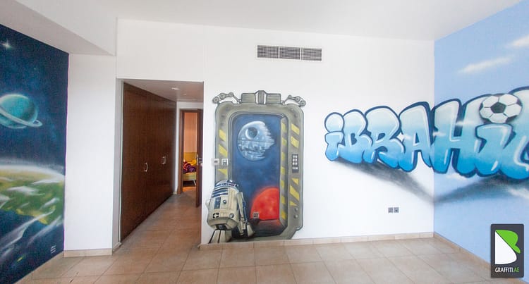 Space-themed mural in Ibrahim’s room, Palm Jumeirah
